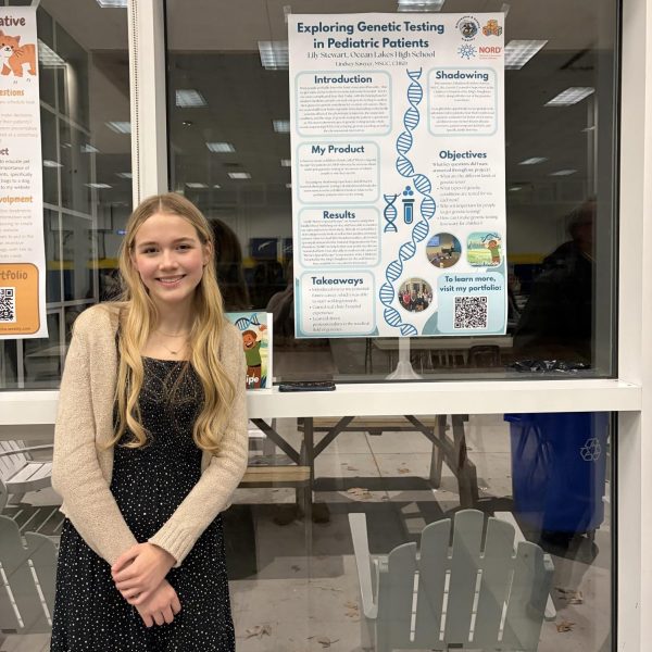 Lily Stewart presents her senior project overview at the Math and Science Academy Senior Project Gallery Walk on Jan. 29. Lily's project was focused on rare diseases, especially in children.