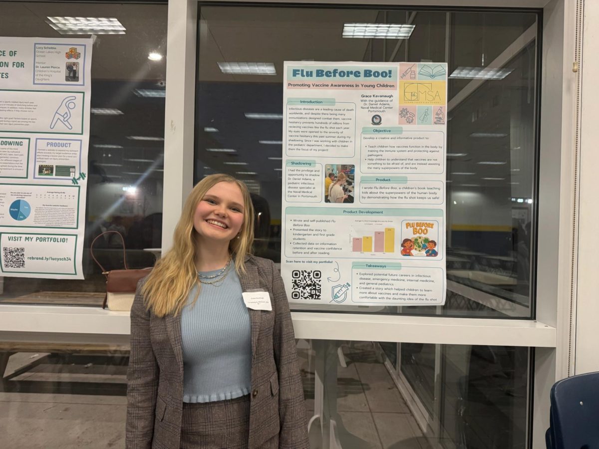 Senior Grace Kavanaugh presents her project titled “Flu Before Boo” on Jan. 29, 2026. She wrote a children’s book to spread awareness about vaccines.