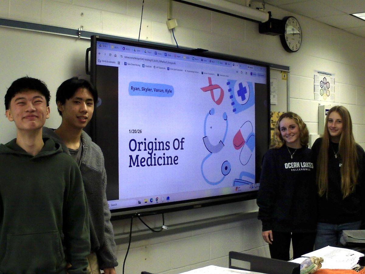 From left to right: Kyle Dong, Ryan Chen, Skyler Smith and Emily Lindsey. On Jan. 20, an Origins of Medicine club meeting was held in room 221 with hopes of improving health literacy among the youth. Photo taken by Jeron Gutierrez. 
