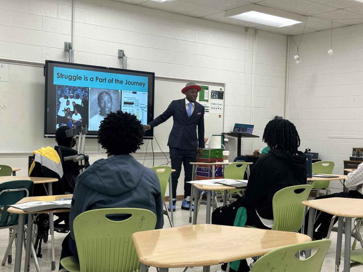 Jahkari “JT” Taylor gives a presentation entitled “Stay Sharp Stay Solid” to high school students as part of the African American Male Summit hosted at Green Run High School on Jan. 24, 2026. The breakout room focused on discipline, the nature of leadership and creating a mindset.