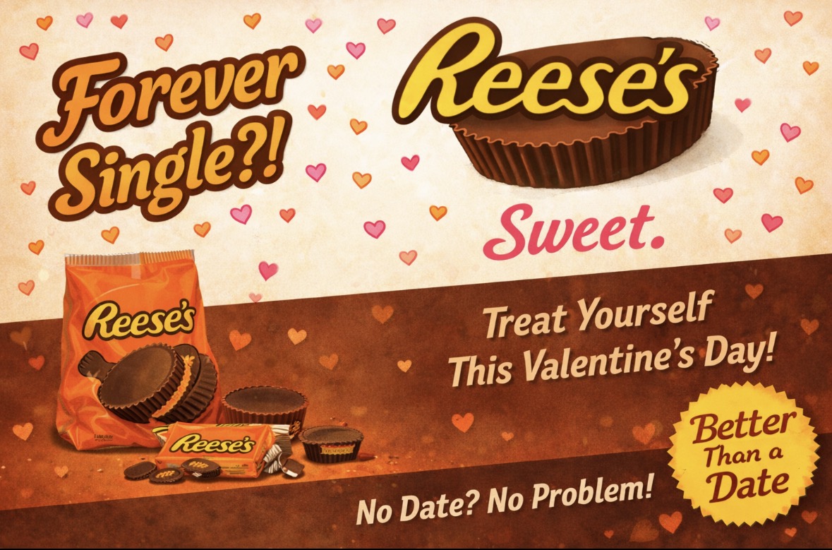 This playful graphic takes a spin on Valentine's Day through a Reese's ad, appealing to single viewers of the product. This image was created by AI and inspired by freshman John Deere's infographic. 