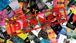 An image with dozens of worldwide high school banned books with the banned label over them. These books have been unfairly banned for social, violent, or sexual topics censoring teens from reading about real world issues and topics. Canva by Zander Hubbard.