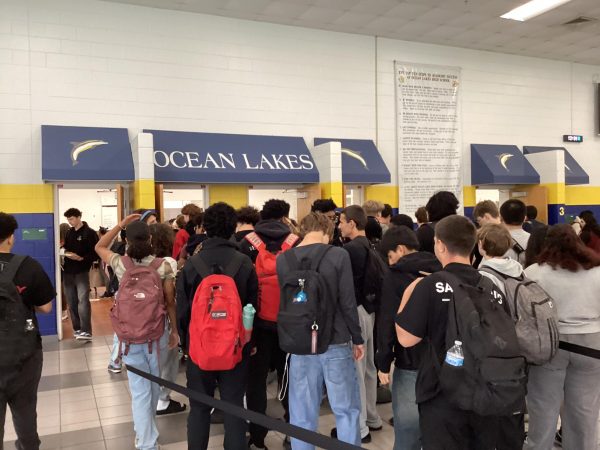 Ocean Lakes students line up for their lunch at 12:00 PM in the cafeteria. The area was over-filled as students headed to the lines.