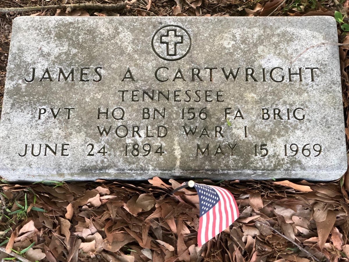 Private James A. Cartwright, grandfather of marketing teacher James Cartwright, was drafted during World War I and served overseas. His grave marker is pictured. Photo used with permission of James Cartwright.