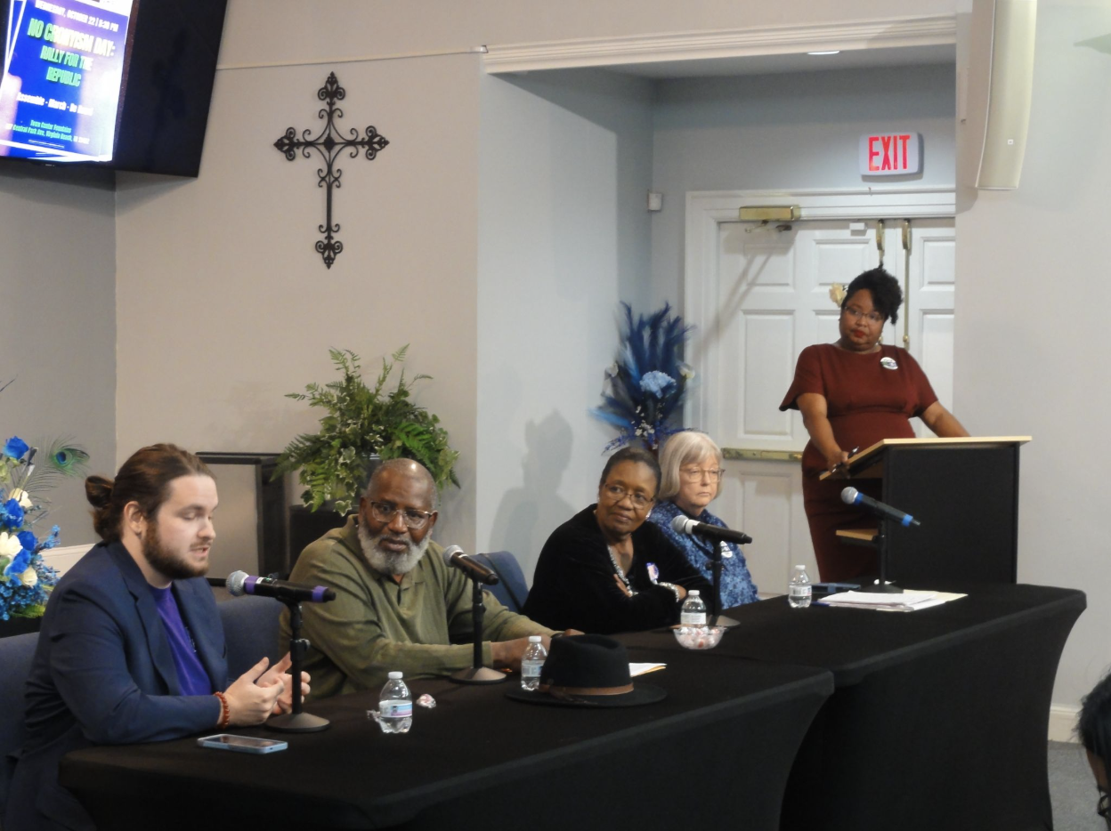 From left to right: Riley Goldsmith, Fred Jordan, Doreen Dunbar, Susan Potter and Bernita Richardson. A panel of community and Virginia Beach NAACP members speak at New Jerusalem Ministries on Oct. 21, 2025. A total of 26 community members attended the event.