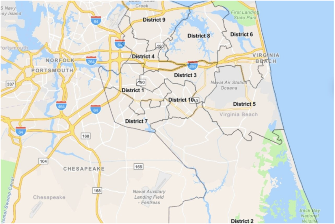 The 10 city council districts of Virginia Beach as seen on the City of Virginia Beach website. These 10 districts have been used since Holloway v. City of Virginia Beach.