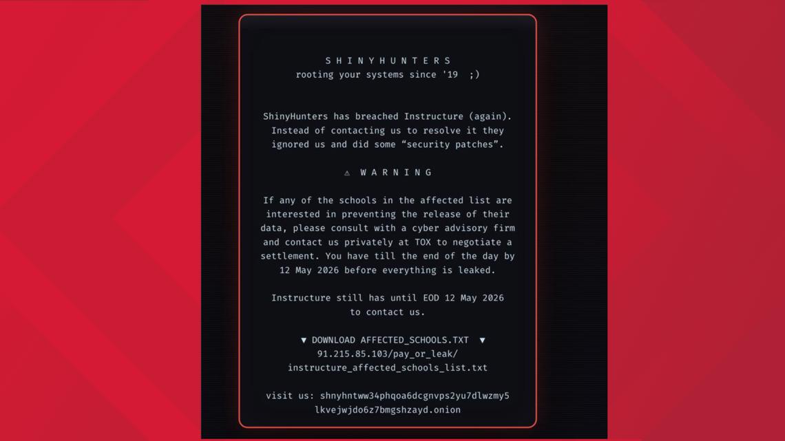 The ransomware note that the hacker group ShinyHunters left on the Canvas login page. The message threatens to leak data on May 12 if a settlement is not reached. Credit to Canvas.