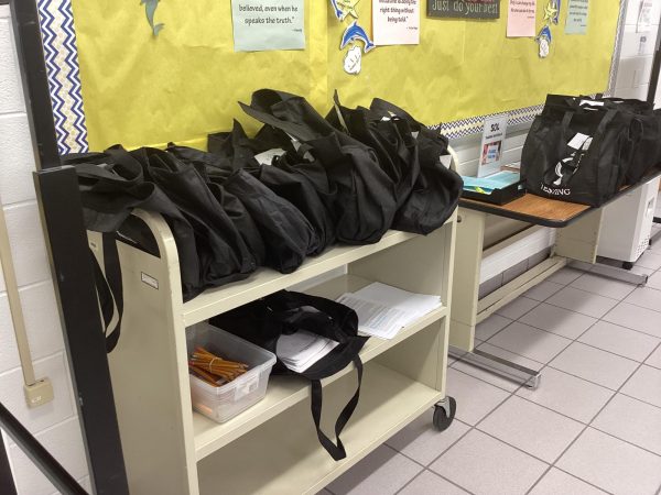 This image showcases the proctor bags that were given to SOL proctoring teachers. The proctor bags include manipulatives: pencils, formula sheets, scratch paper, door signs and accommodation testing items. This picture was taken on May 28 in the SOL testing office.