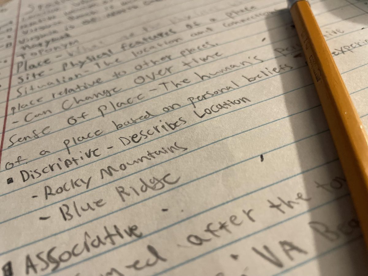 A set of afterschool student study notes about ‘spatial relationships’ for AP Human displays on a piece of notebook paper. They are bullet pointed and structurally organized.